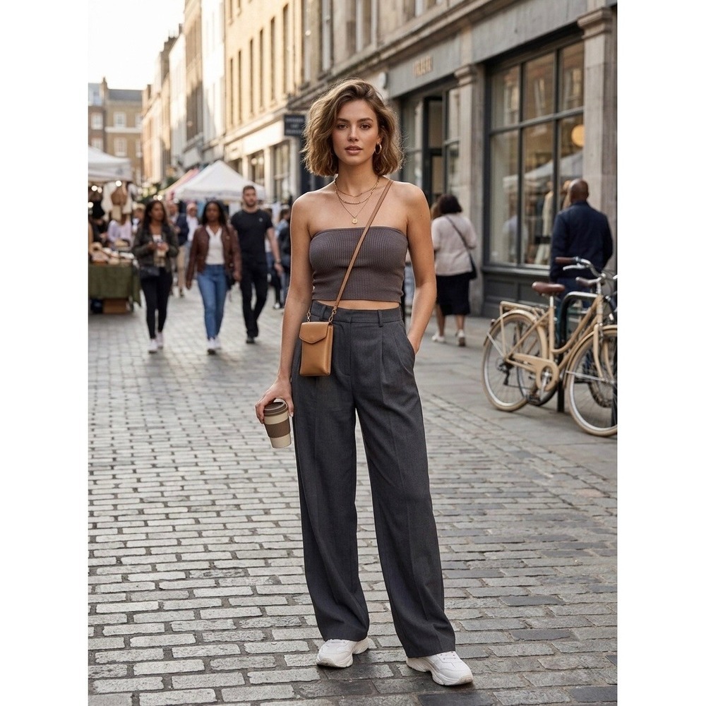 Babaton Sculpt Knit Tube Top Brown Ribbed Strapless Crop Top Large 64703